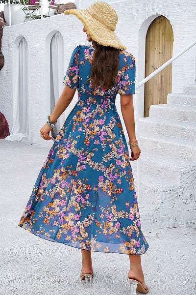 Smocked Floral V-Neck Short Sleeve Dress - Trendsi - Flyclothing LLC