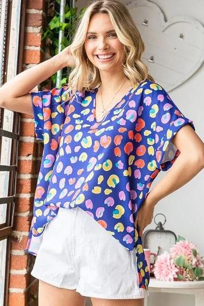 First Love Printed V-Neck Short Sleeve Blouse - Trendsi