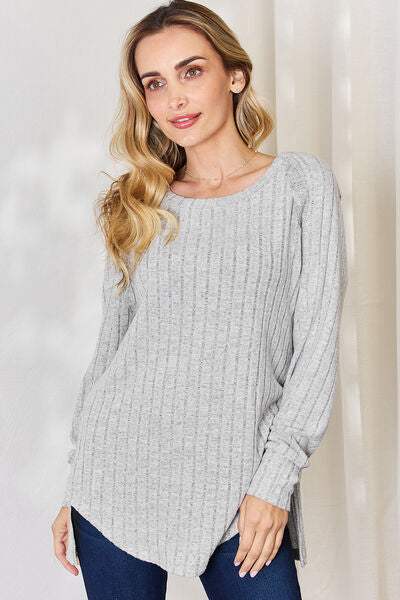Basic Bae Full Size Ribbed Round Neck Slit T-Shirt - Trendsi - Flyclothing LLC