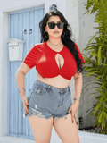 Plus Size Cropped Cutout Twisted Front Short Sleeve Blouse - Trendsi - Flyclothing LLC