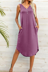 Buttoned V-Neck Curved Hem Sleeveless Dress - Flyclothing LLC