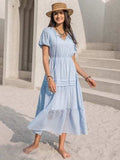 Tie Neck Balloon Sleeve Tiered Dress - Trendsi - Flyclothing LLC