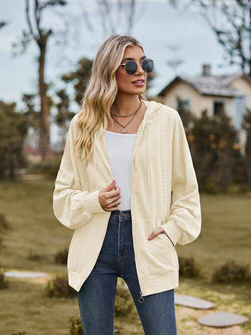 Zip Up Drawstring Long Sleeve Hooded Jacket - Trendsi - Flyclothing LLC