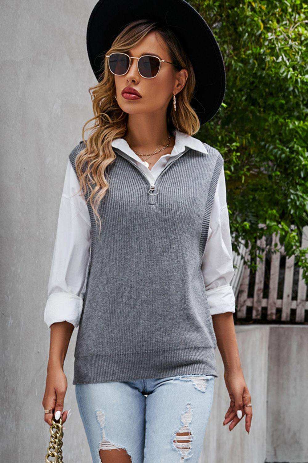 Quarter-Zip Ribbed Sweater Vest - Trendsi - Flyclothing LLC