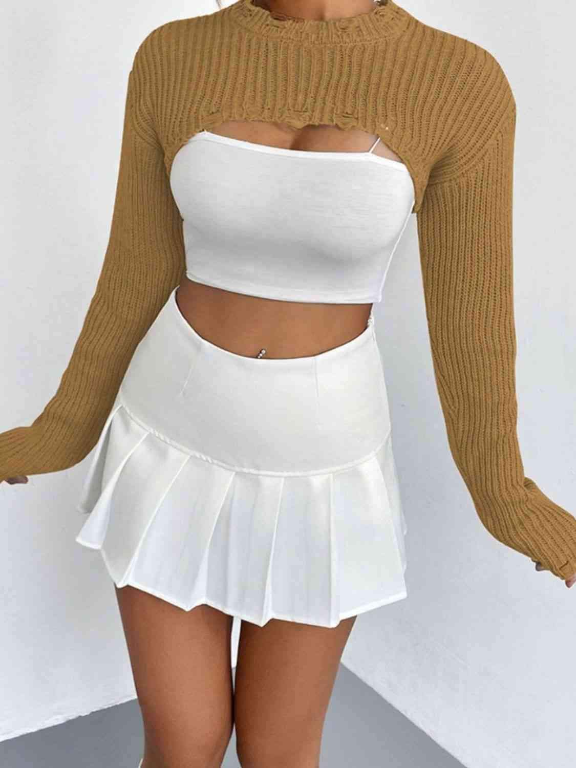 Distressed Long Sleeve Cropped Sweater - Trendsi - Flyclothing LLC