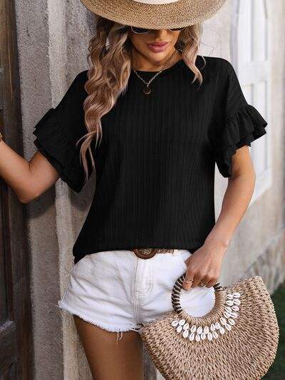 Ruffled Round Neck Short Sleeve Blouse - Trendsi - Flyclothing LLC