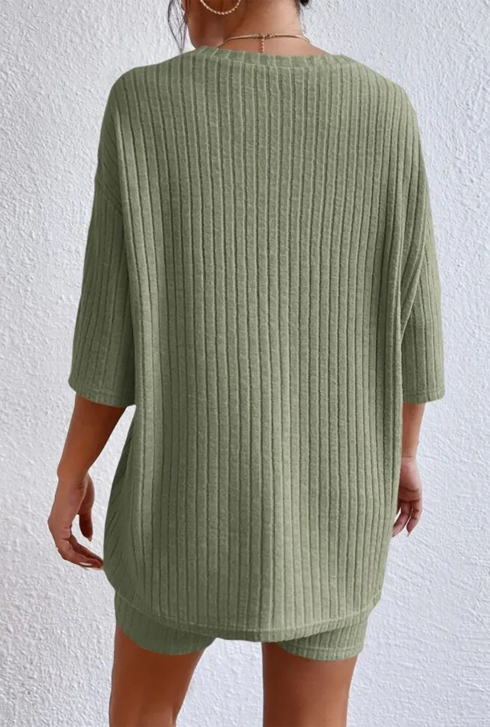 Round Neck Ribbed Top and Shorts Lounge Set - Trendsi - Flyclothing LLC