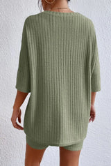 Round Neck Ribbed Top and Shorts Lounge Set - Trendsi - Flyclothing LLC