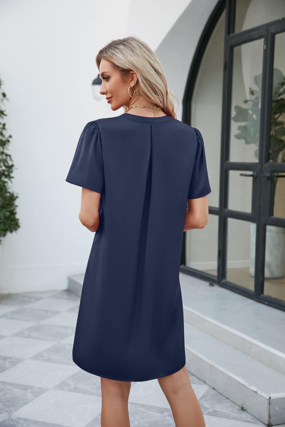 Notched Puff Sleeve Shift Dress - Trendsi