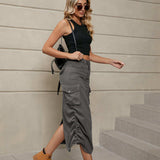 Drawstring Ruched Slit Denim Midi Skirt - Trendsi - Flyclothing LLC