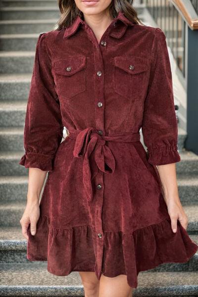 Tied Button Up Ruffle Hem Dress - Flyclothing LLC