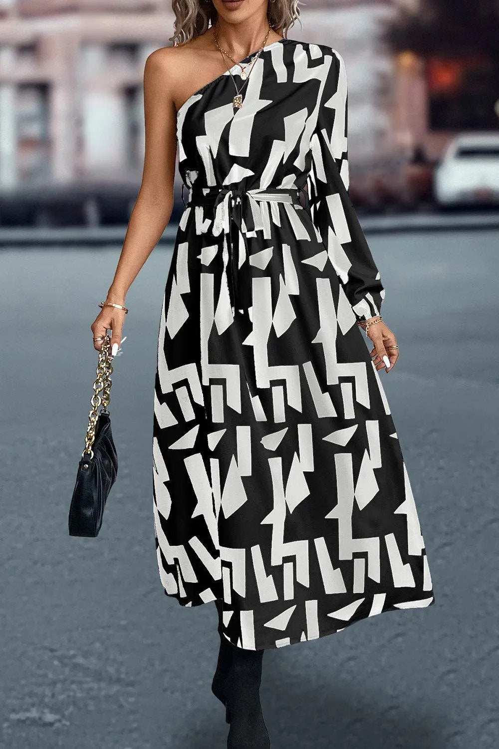 Printed One-Shoulder Tie Waist Dress - Trendsi - Flyclothing LLC