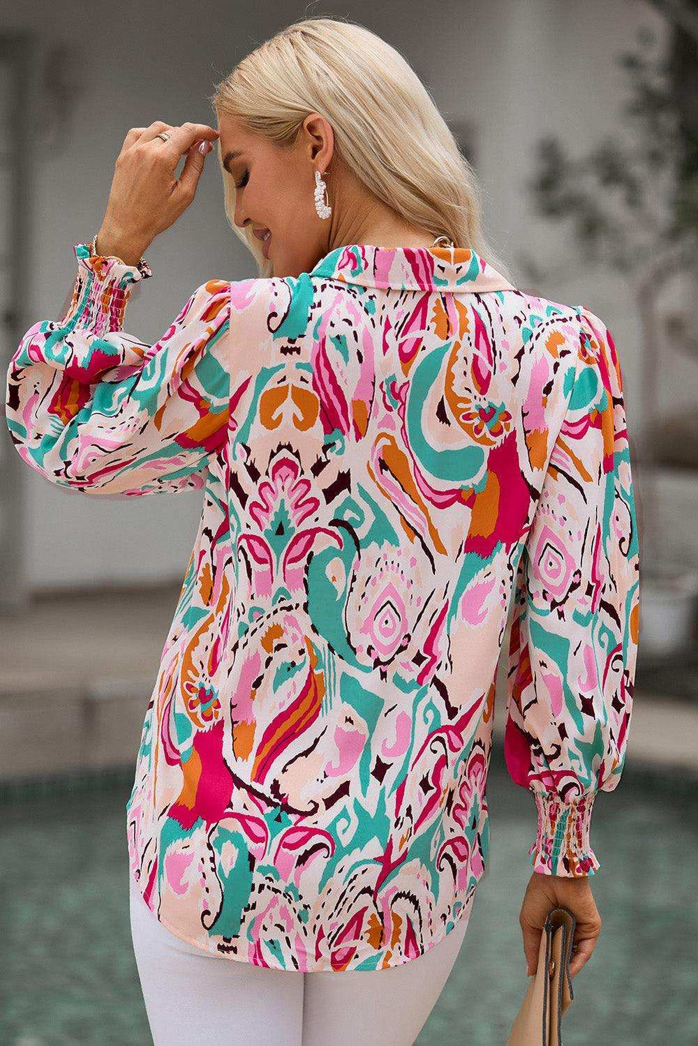 Printed Puff Sleeve Collared Blouse - Trendsi - Flyclothing LLC
