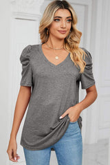 Heathered V-Neck Puff Sleeve T-Shirt - Trendsi - Flyclothing LLC