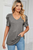 Heathered V-Neck Puff Sleeve T-Shirt - Trendsi - Flyclothing LLC