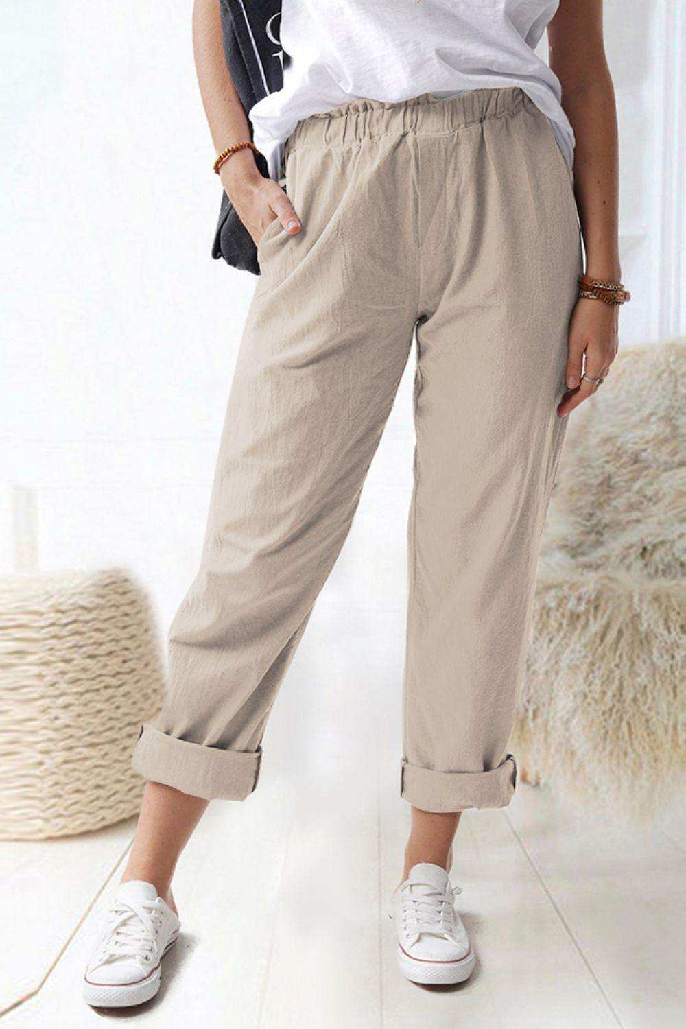 Paperbag Waist Pull-On Pants with Pockets - Trendsi - Flyclothing LLC