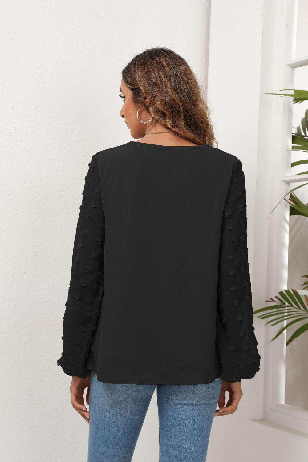 Swiss Dot Balloon Sleeve Blouse - Trendsi - Flyclothing LLC