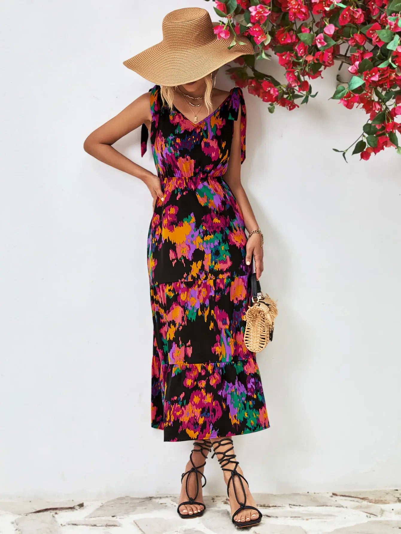 Multicolored V-Neck Backless Midi Dress - Trendsi - Flyclothing LLC