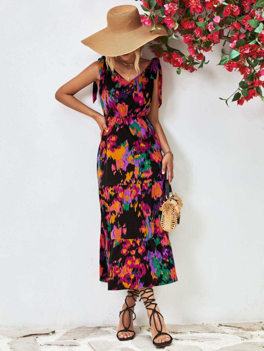 Multicolored V-Neck Backless Midi Dress - Trendsi - Flyclothing LLC