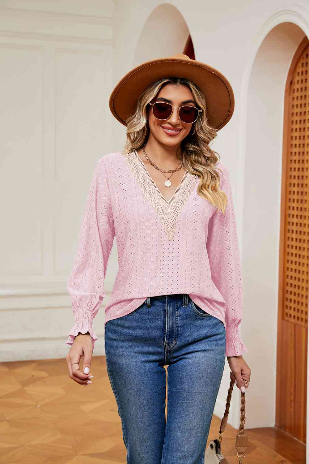 Contrast Flounce Sleeve Blouse - Trendsi - Flyclothing LLC
