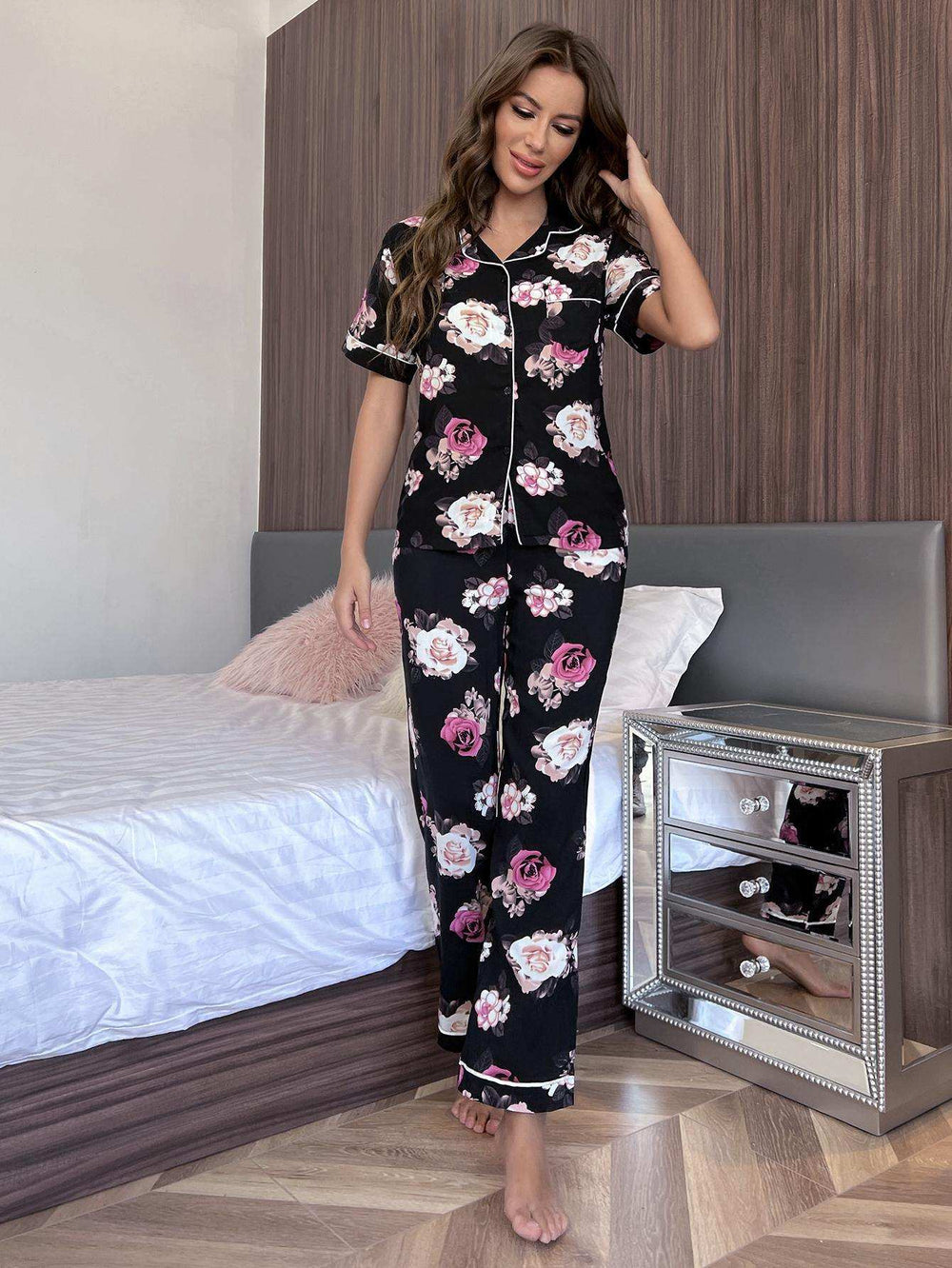 Floral Short Sleeve Shirt and Pants Lounge Set - Trendsi - Flyclothing LLC