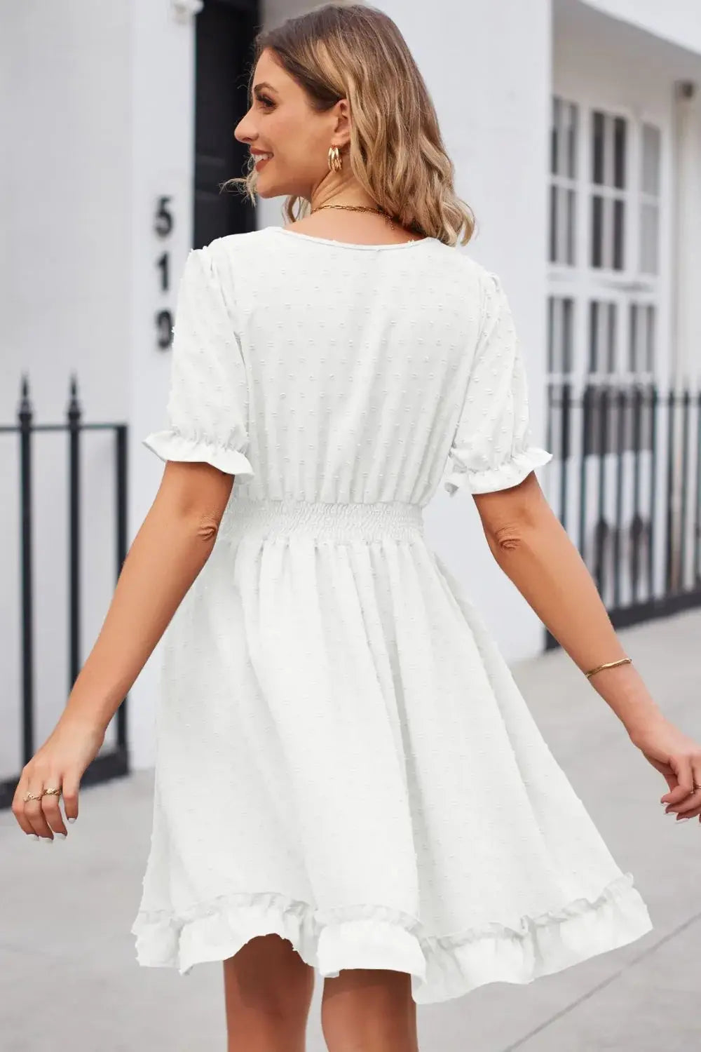 Swiss Dot Frill Trim Flounce Sleeve V-Neck Dress - Trendsi - Flyclothing LLC