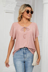 Eyelet Tie-Neck Flutter Sleeve Top - Trendsi - Flyclothing LLC