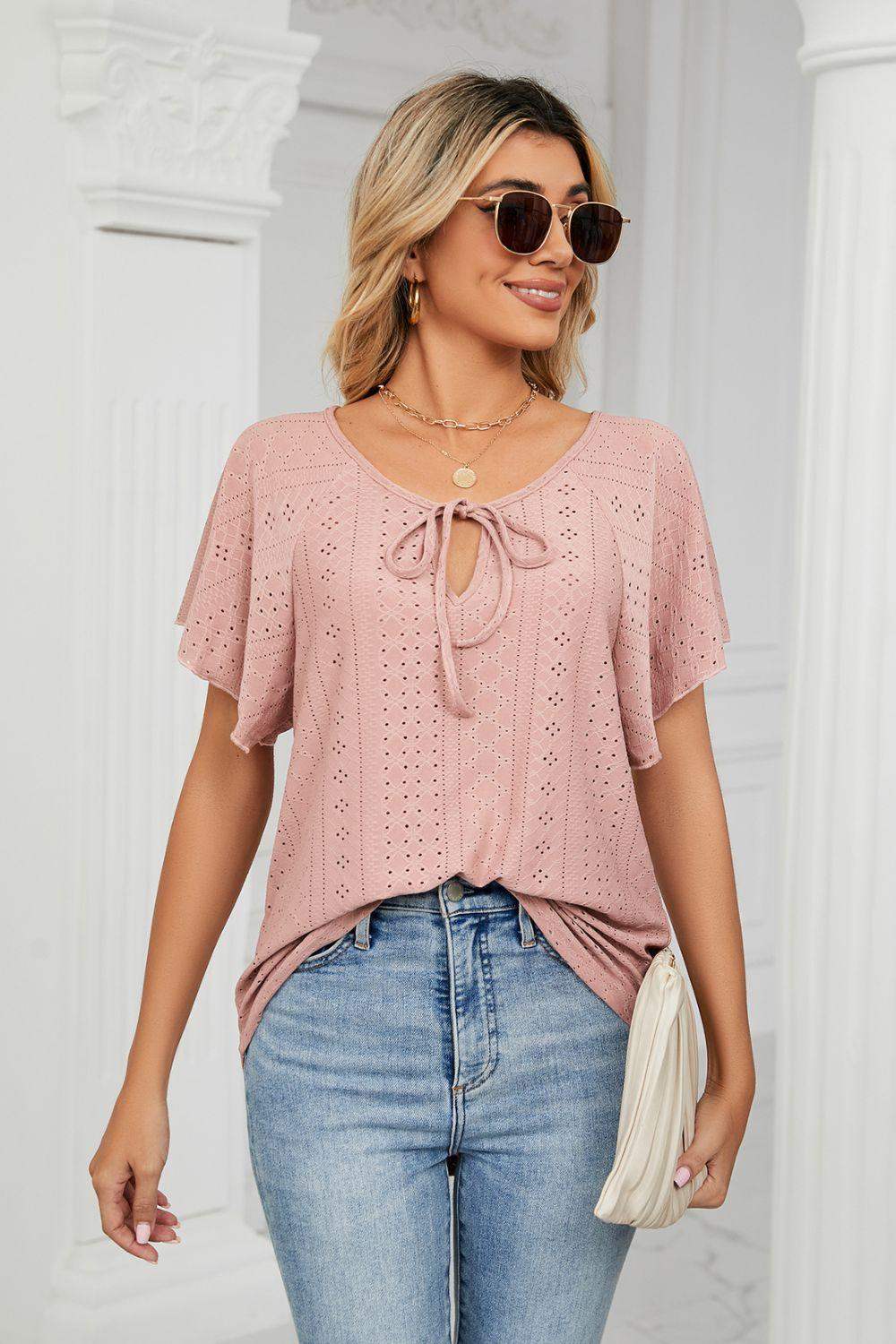 Eyelet Tie-Neck Flutter Sleeve Top - Trendsi - Flyclothing LLC