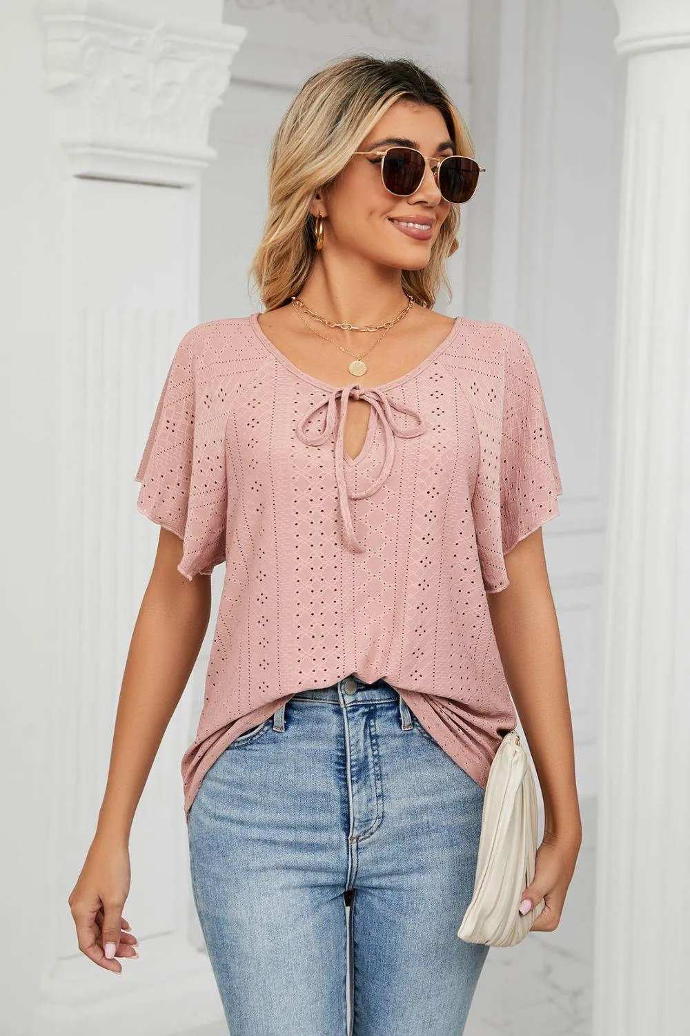 Eyelet Tie-Neck Flutter Sleeve Top - Trendsi - Flyclothing LLC