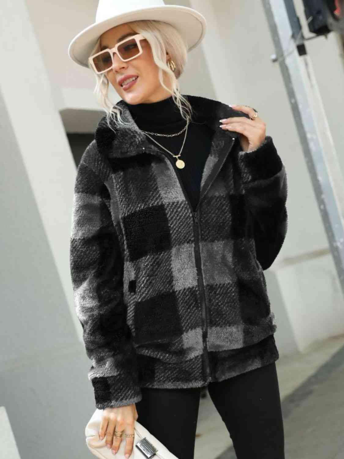 Plaid Zip-Up Collared Jacket - Trendsi