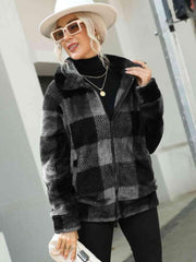 Plaid Zip-Up Collared Jacket - Trendsi