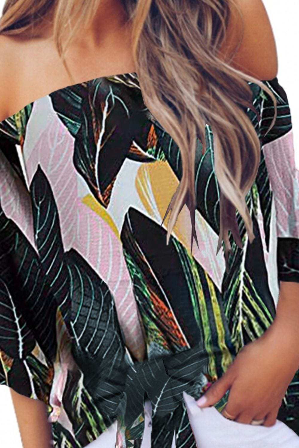 Tied Printed Off-Shoulder Half Sleeve Blouse - Trendsi - Flyclothing LLC