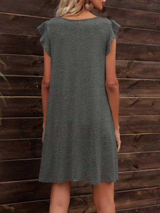 Round Neck Flutter Sleeve Dress with Pockets - Trendsi - Flyclothing LLC