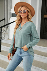 Decorative Button V-Neck Long Sleeve T-Shirt - Trendsi