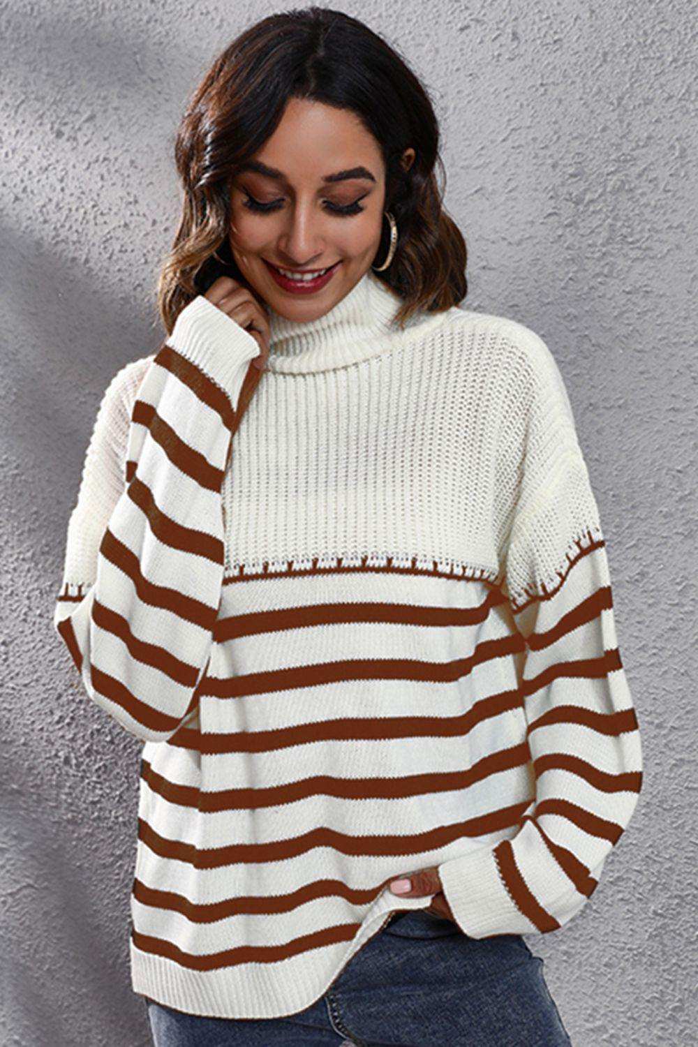 Striped Turtleneck Drop Shoulder Sweater - Trendsi - Flyclothing LLC