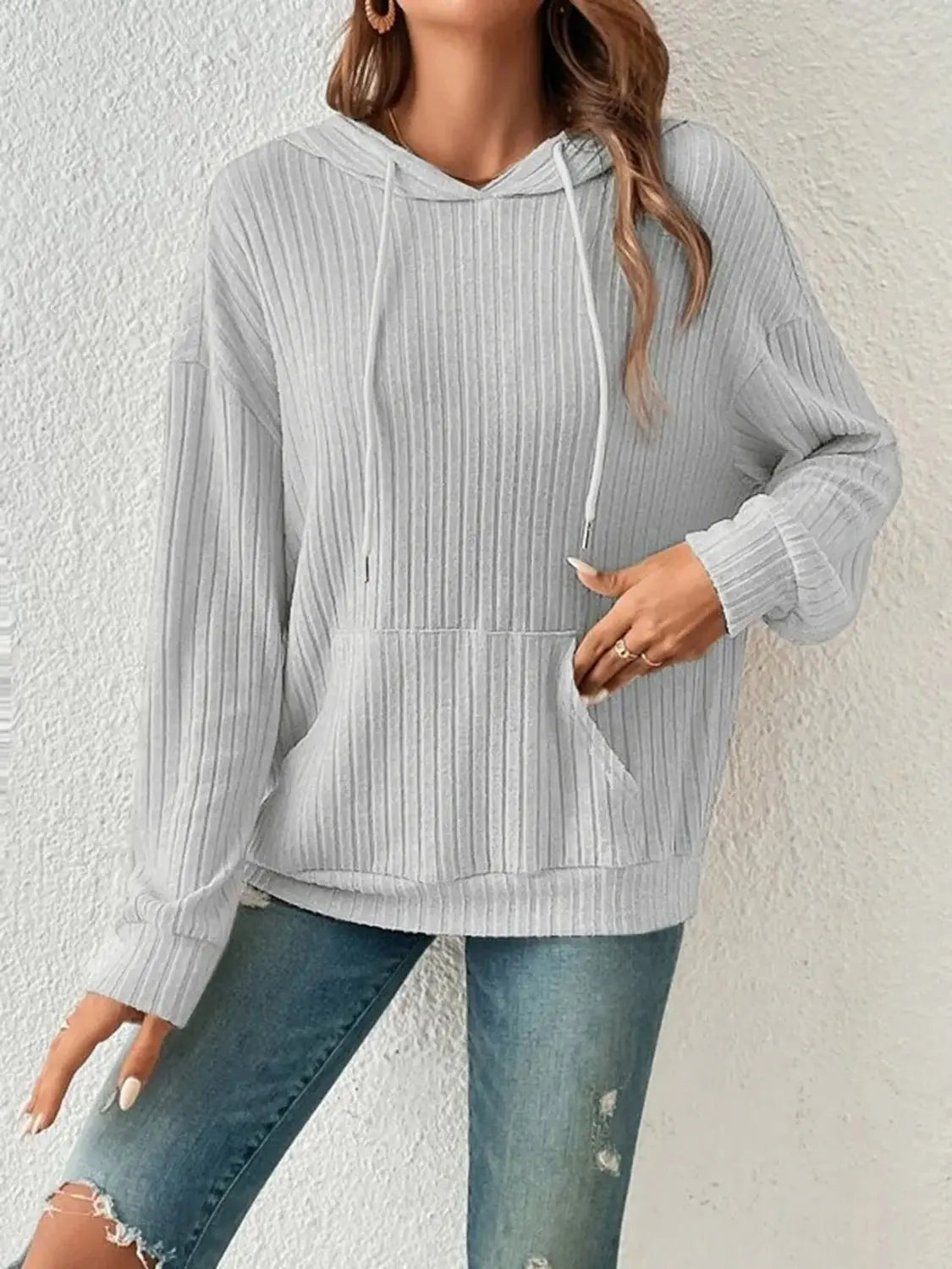 Ribbed Dropped Shoulder Drawstring Hoodie - Trendsi - Flyclothing LLC