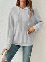 Ribbed Dropped Shoulder Drawstring Hoodie - Trendsi - Flyclothing LLC