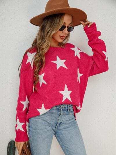 Star Round Neck Dropped Shoulder Sweater - Trendsi - Flyclothing LLC