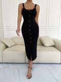 Ribbed Slit Decorative Button Cami Dress - Trendsi - Flyclothing LLC
