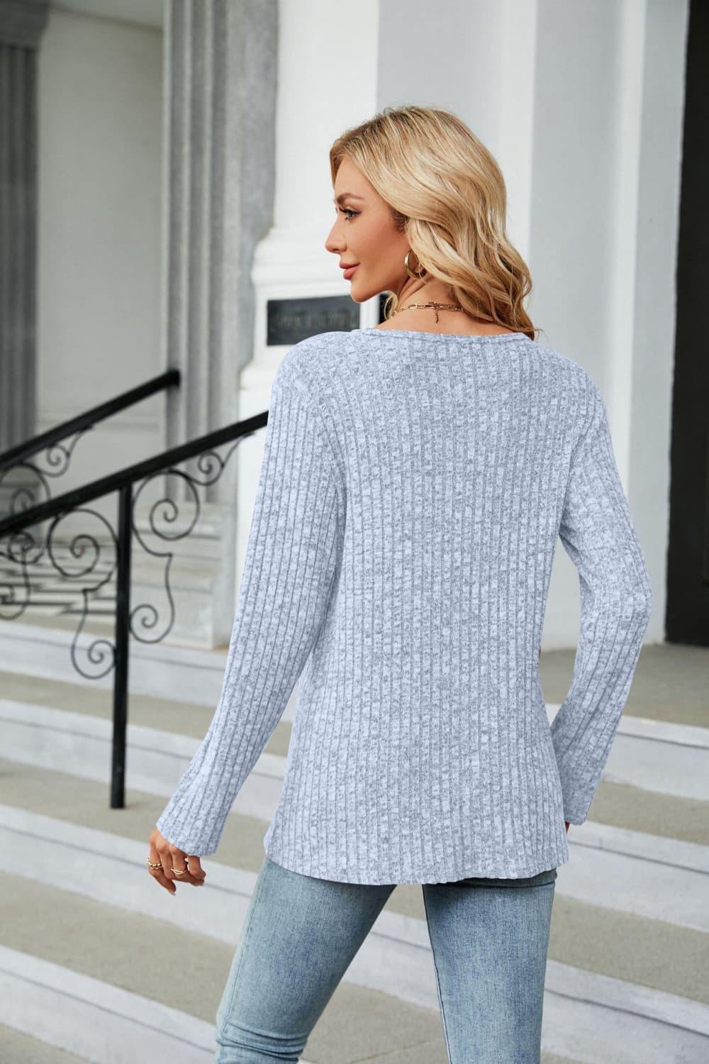 Buttoned Long Sleeve Slit Top - Trendsi