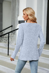 Buttoned Long Sleeve Slit Top - Trendsi