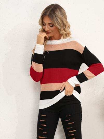 Striped Round Neck Dropped Shoulder Sweater - Trendsi - Flyclothing LLC