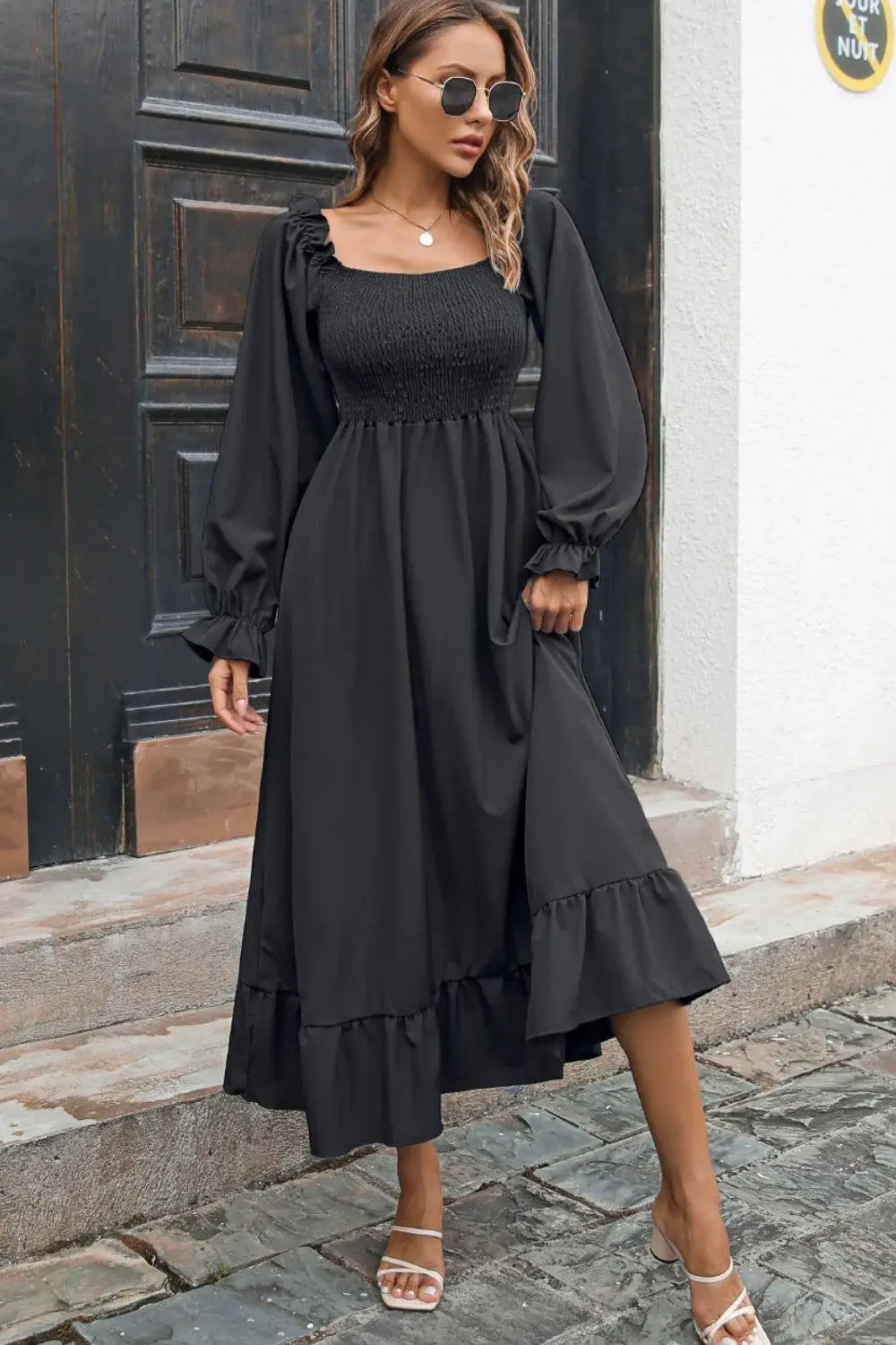 Smocked Ruffle Hem Flounce Sleeve Dress - Trendsi - Flyclothing LLC