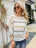 Eyelet Striped Round Neck Knit Top - Trendsi