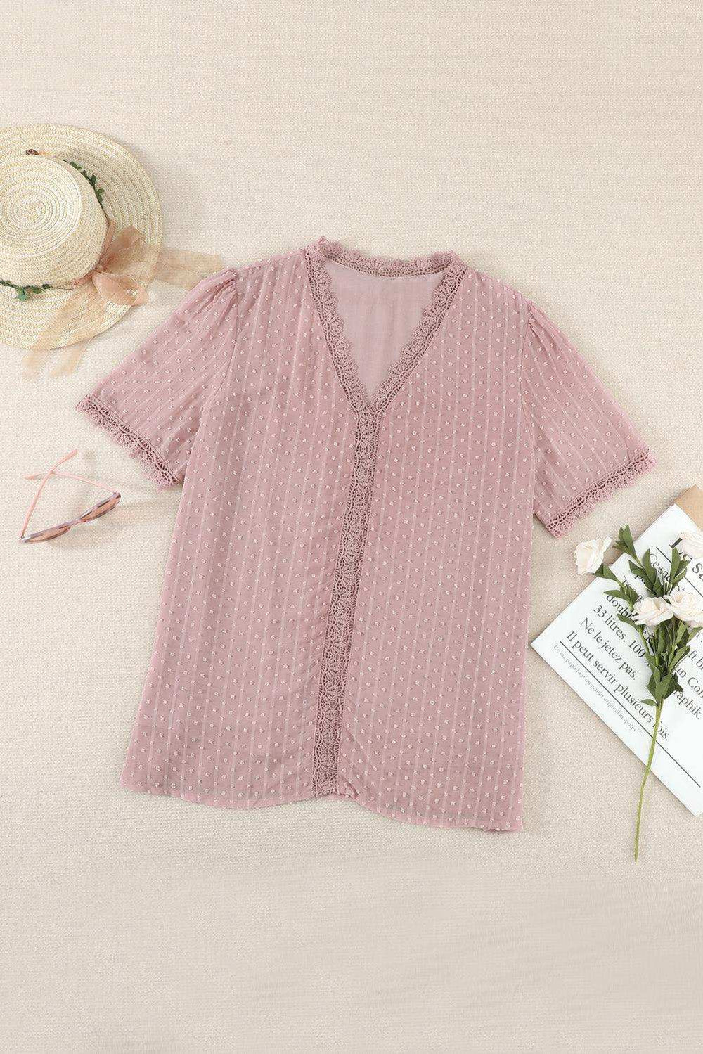 Swiss Dot Lace Trim Plunge Blouse - Trendsi - Flyclothing LLC