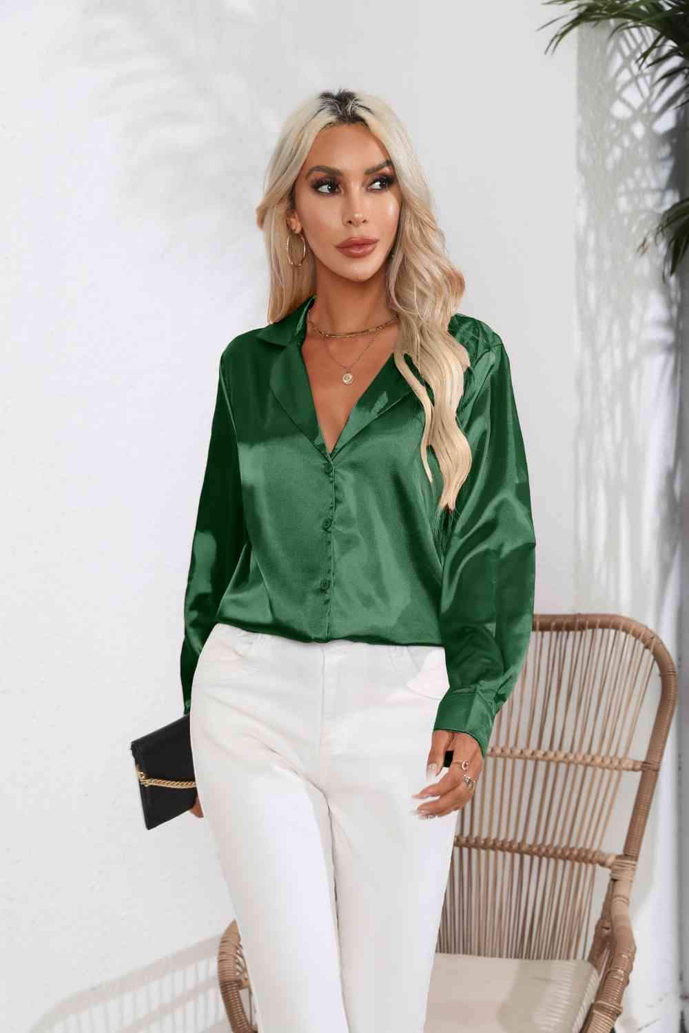 Lapel Collar Button Up Long Sleeve Shirt - Trendsi - Flyclothing LLC