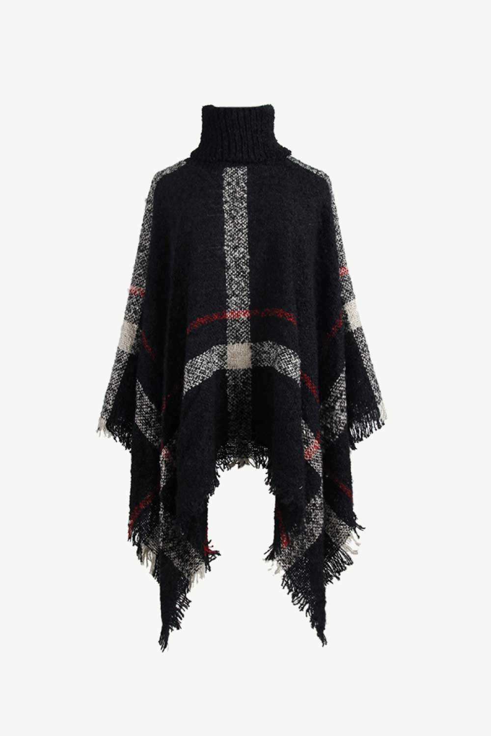 Plaid Turtleneck Raw Hem Poncho - Trendsi - Flyclothing LLC