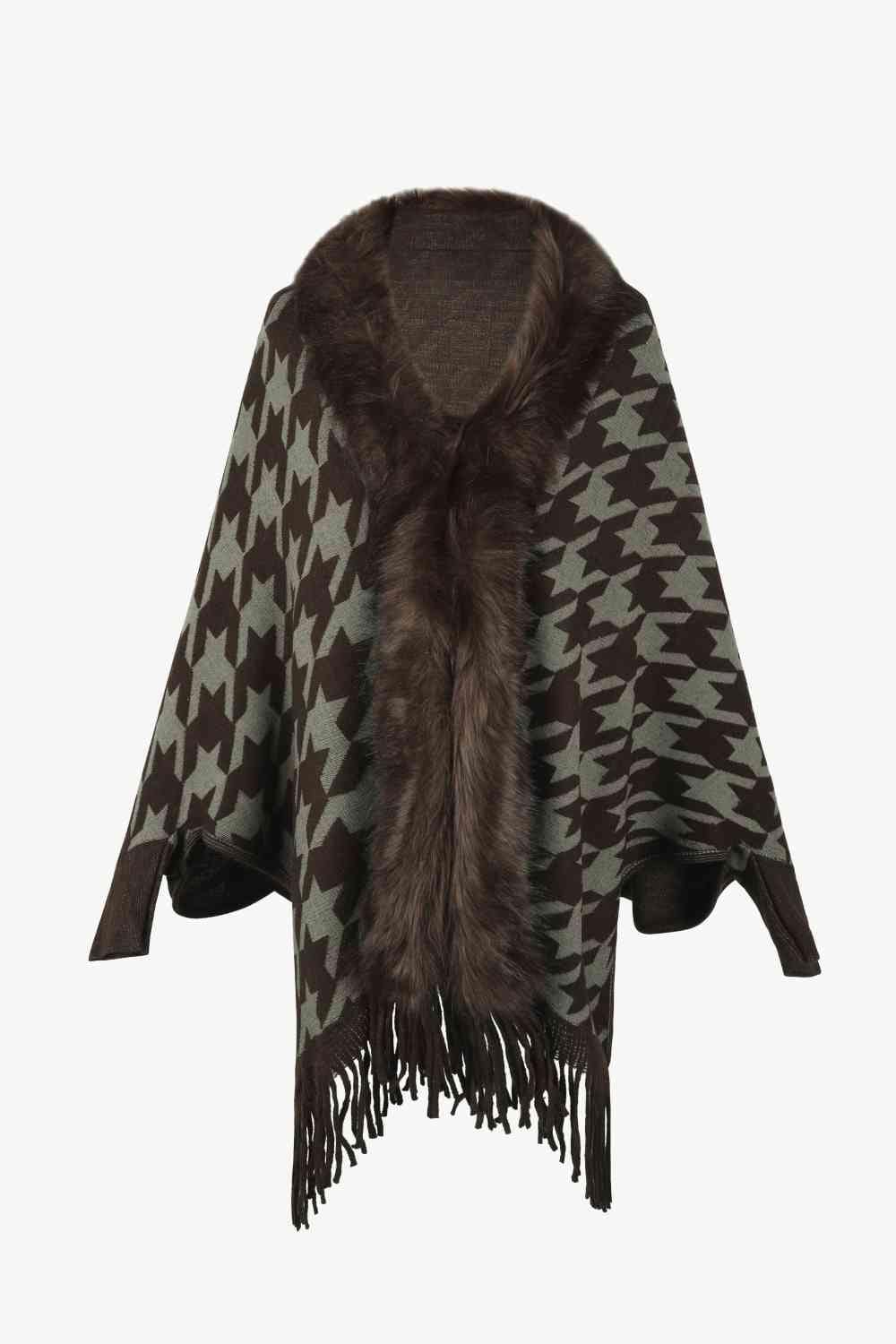 Houndstooth Fringe Hem Poncho - Trendsi - Flyclothing LLC