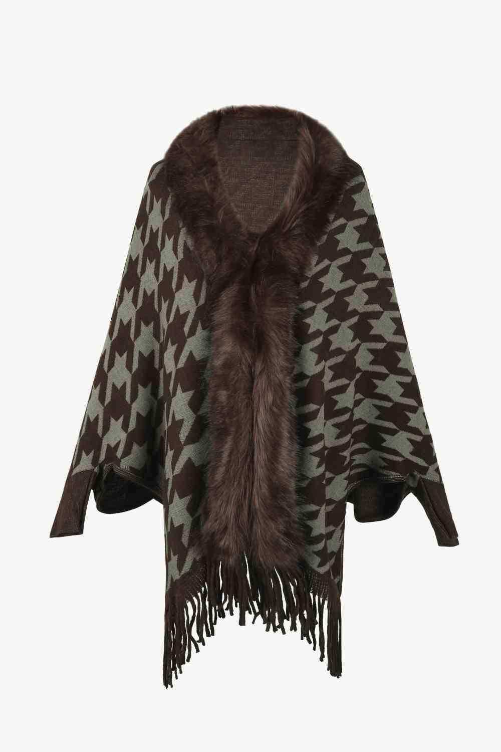 Houndstooth Fringe Hem Poncho - Trendsi - Flyclothing LLC
