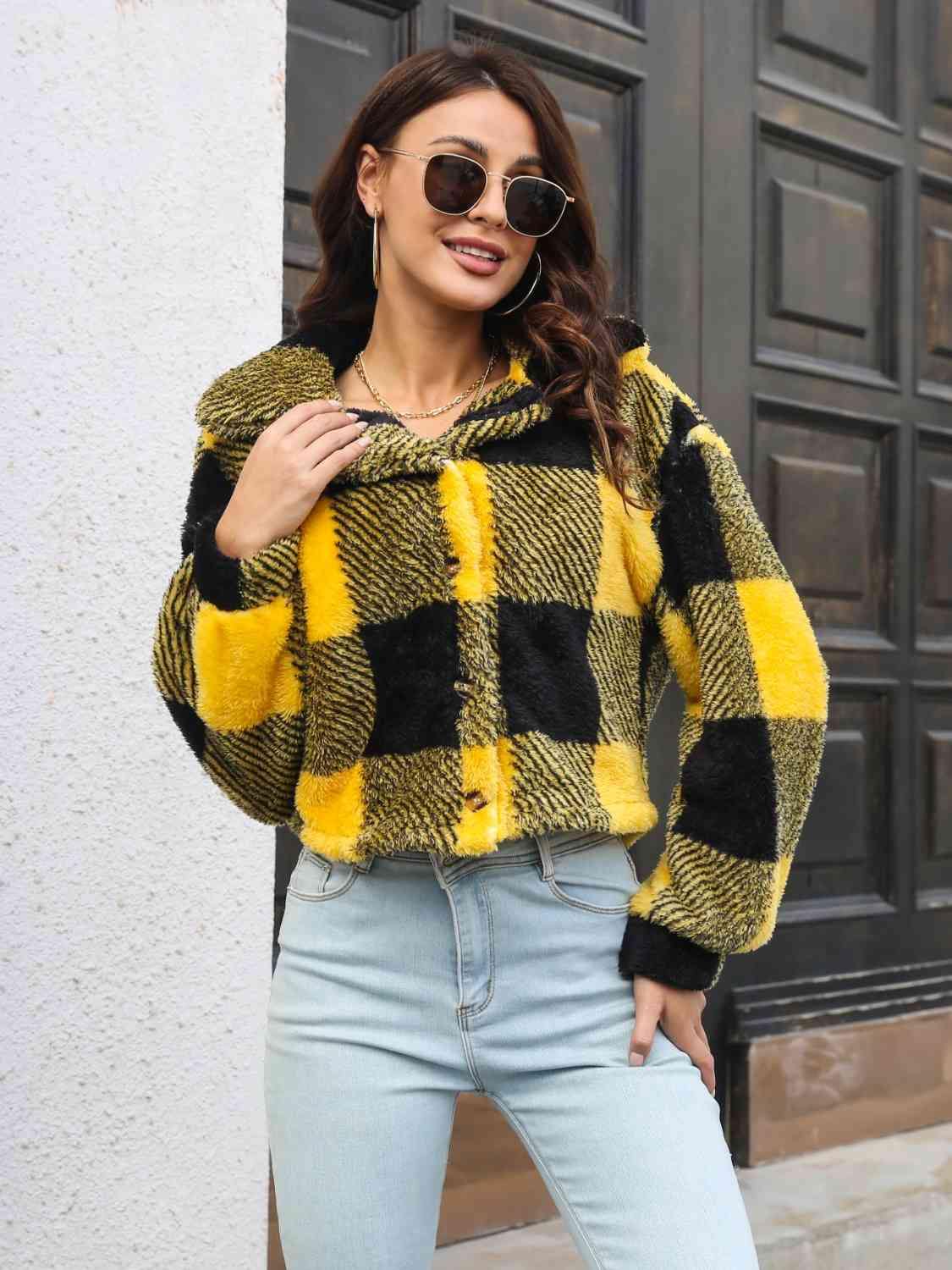 Plaid Dropped Shoulder Buttoned Jacket - Trendsi